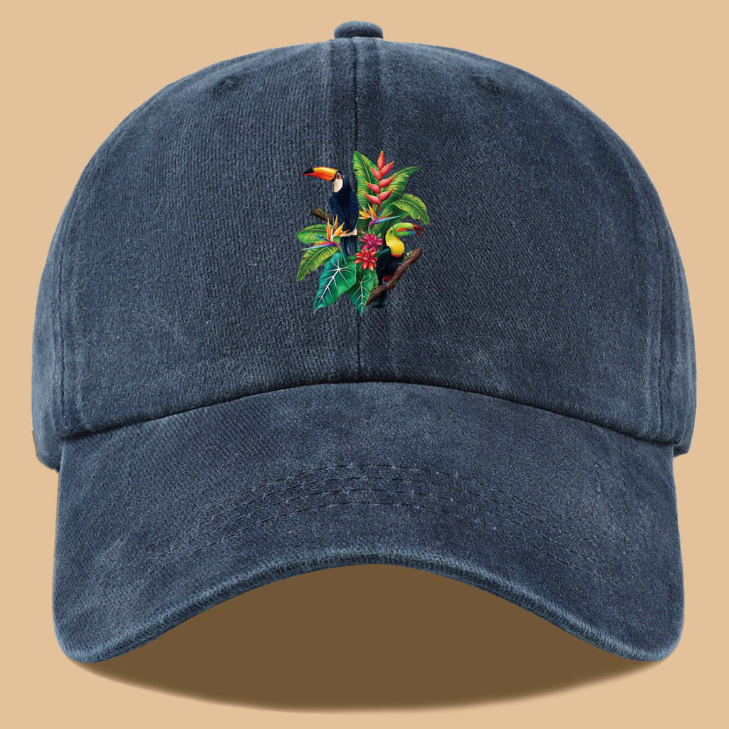 1pc Tropical Rainforest Theme Toucan Print Baseball Cap, Tropical Plant Floral Pattern Sun Hat, Fashionable And Individual Aesthetic Unisex Baseball Cap, Adjustable Size Outdoor Casual Sun Hat, Suitable for Vacation, Travel, Camping, Picnic