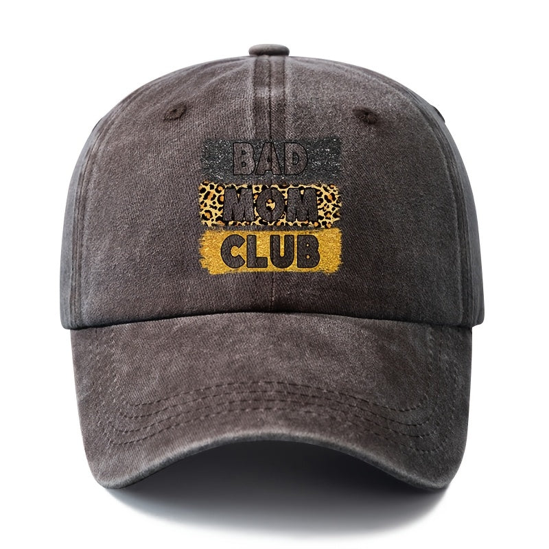 A Unisex Fashionable and Versatile "BAD MOM CLUB" Printed Baseball Cap, Featuring a Classic Vintage Washed Lightweight Curved Brim. This Trucker Baseball Cap Is Suitable for Casual Occasions Such as Outdoor Vacations, Travel, and Camping. It Also