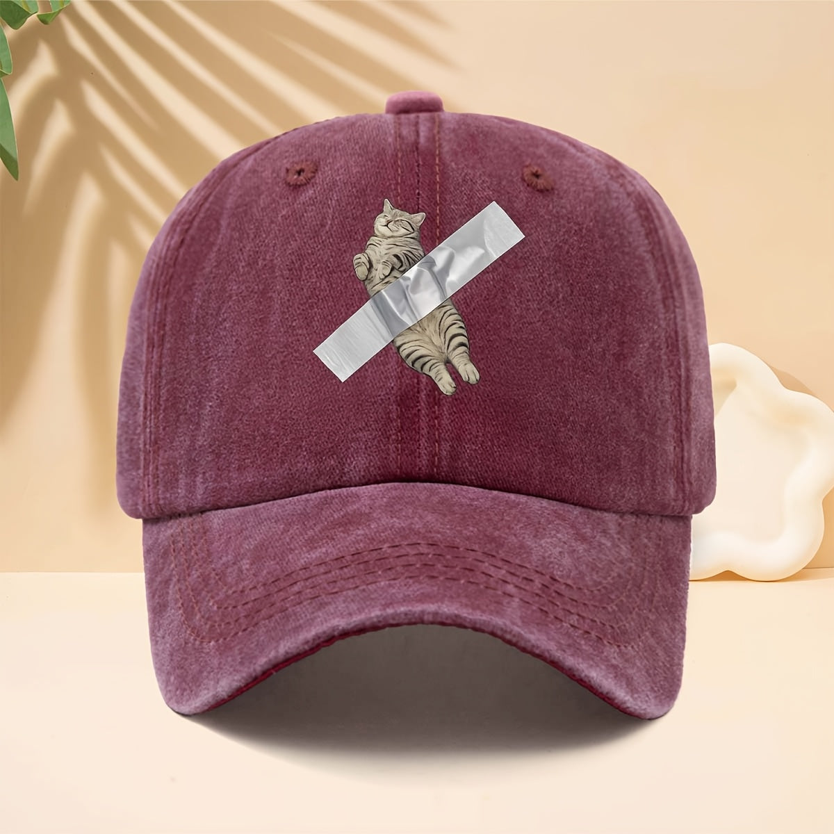 Adjustable Cat Tape-Printed Baseball Cap with Tape-Themed Tab & Curved Brim - Soft Top Trucker Hat Suitable for All- Wear, Unisex for Men & Women, Casual, Parties, Hip-Hop Outfits - Durable Comfortable Design