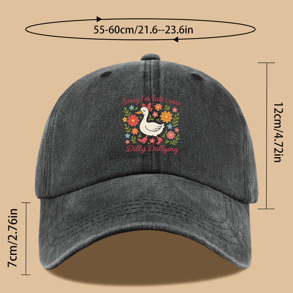 1pc Cute Duck "Sorry I'M Late, I Was Procrastinating" Printed Baseball Cap, Comfortable Breathable Sun Hat, Fashionable And Aesthetic Unisex Baseball Cap, Adjustable Size, Casual Duckbill Cap, Suitable for Picnics, Shopping, Dates, Walks, Vacations