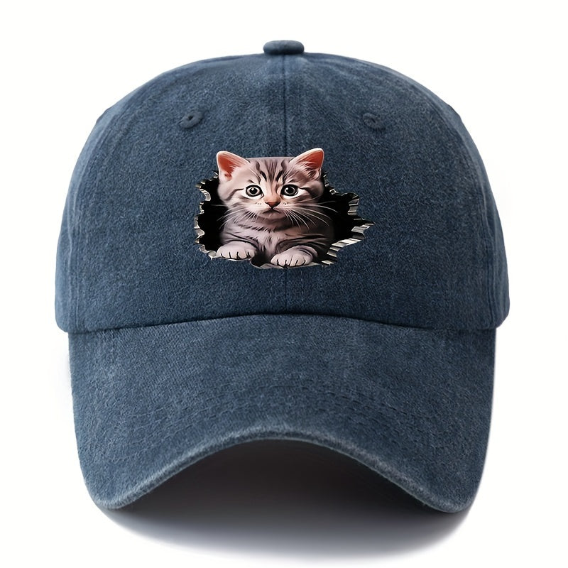 MAKEFGE Adjustable UPF Baseball Cap with Cat Ear & Iconic Kitten Print - Lightweight Washed Hip-Hop Hat Suitable for Outdoor, Casual Wear,, for -day Sun