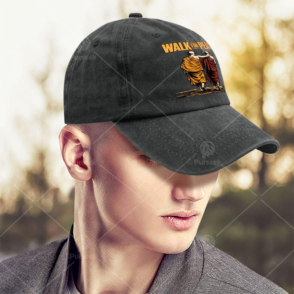 Unisex Vintage Washed Baseball Hat Featuring a Bold Quote about Walking for Peace with Monks