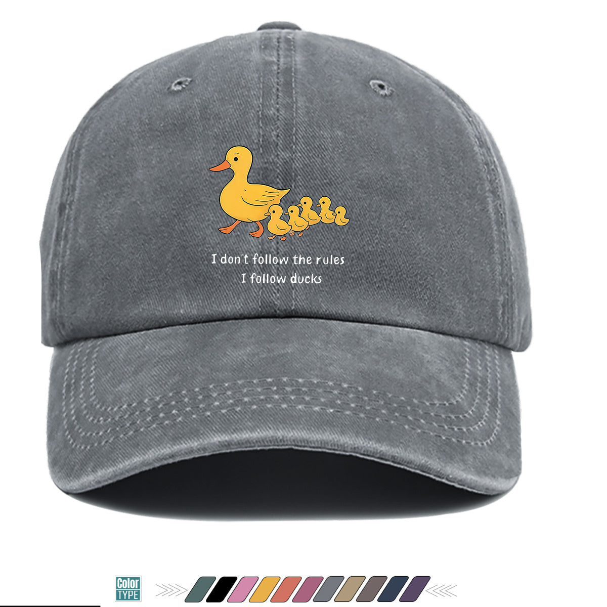 1pc Cartoon Mother Duck with Five Ducklings Print Baseball Cap, Retro Glitch Art Style Striped Background, Funny Slogan "I Don'T Follow The Rules, I Follow The Ducks", Comfortable And Breathable Sun Hat
