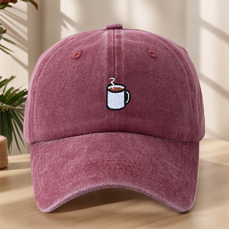 High-Quality Baseball Cap with Coffee Cup Embroidery, Lightweight, Soft, Comfortable, Sweat-Absorbing, Breathable, Classic Washed Vintage Hat for Outdoor Leisure, Sports, Shopping, Vacation, Camping, Sun Protection