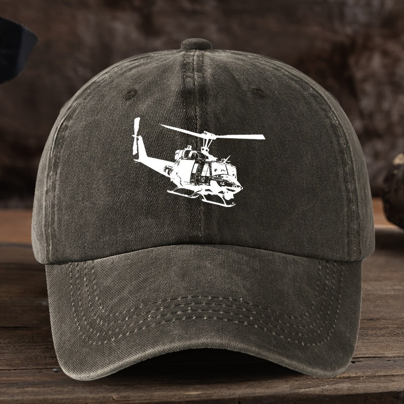 Vintage Helicopter Print Duckbill Cap - Distressed Washed Baseball Hat with Curved Brim, Soft Suitable for Outdoor Sports,, Camping, Streetwear & Hip-Hop Style - Retro Rock for Running and Mountaineering