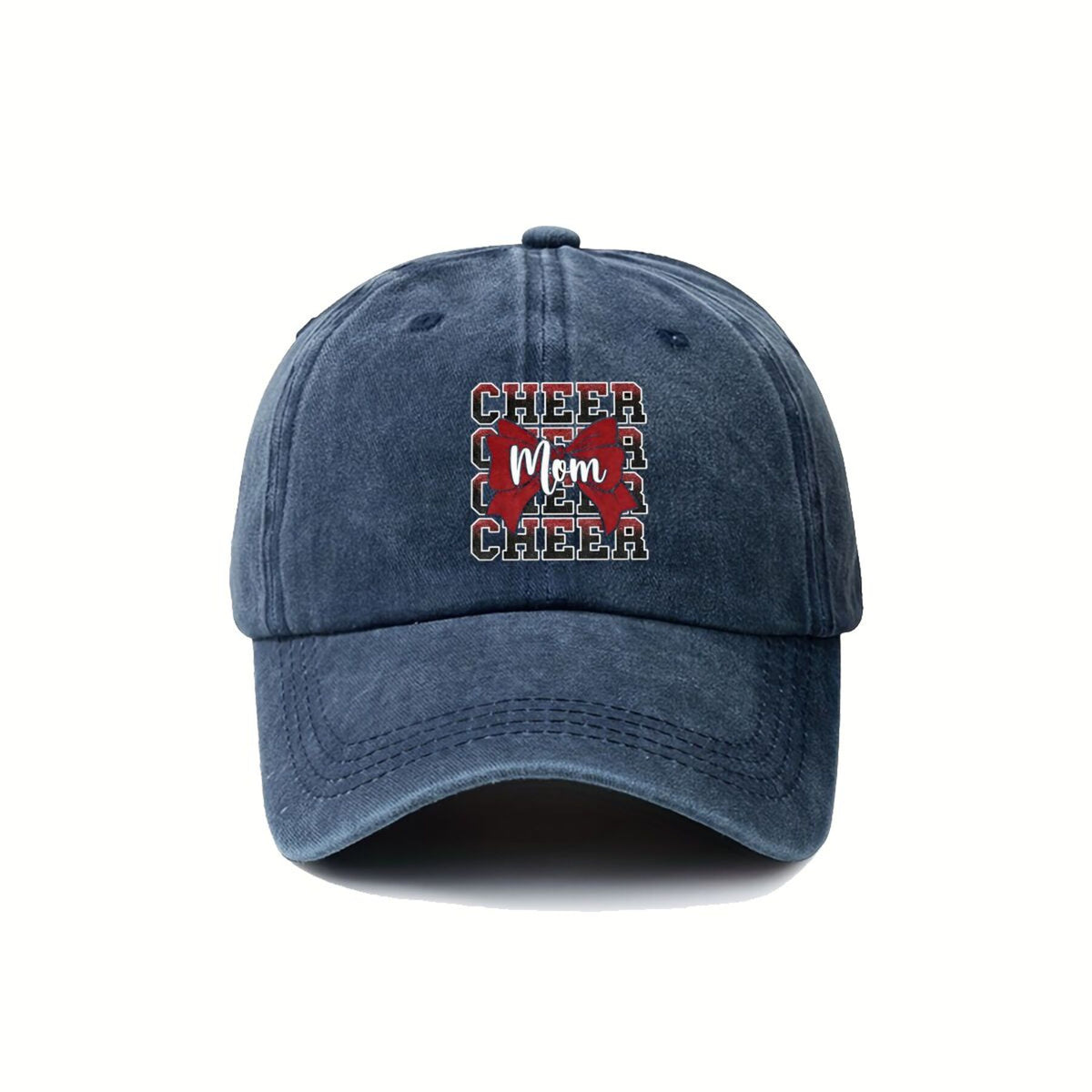 Cheer Mom Bow Squad Text American Retro Washed Distressed Printed Baseball Cap for Men and Women, Suitable for Spring and Autumn, Outdoor Sun Hat,  Trendy Hip-hop Duckbill Cap