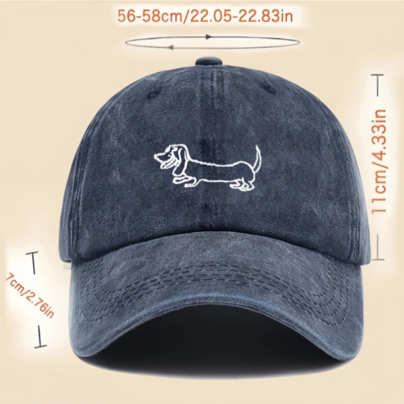 Vintage Washed Baseball Cap with Adorable Dachshund Embroidery - Black Textile, Breathable & Durable Unisex Casual Outdoor Hat for Men and Women, Hand Washable, Casual Headwear | Embroidered Cap | Breathable Fabric