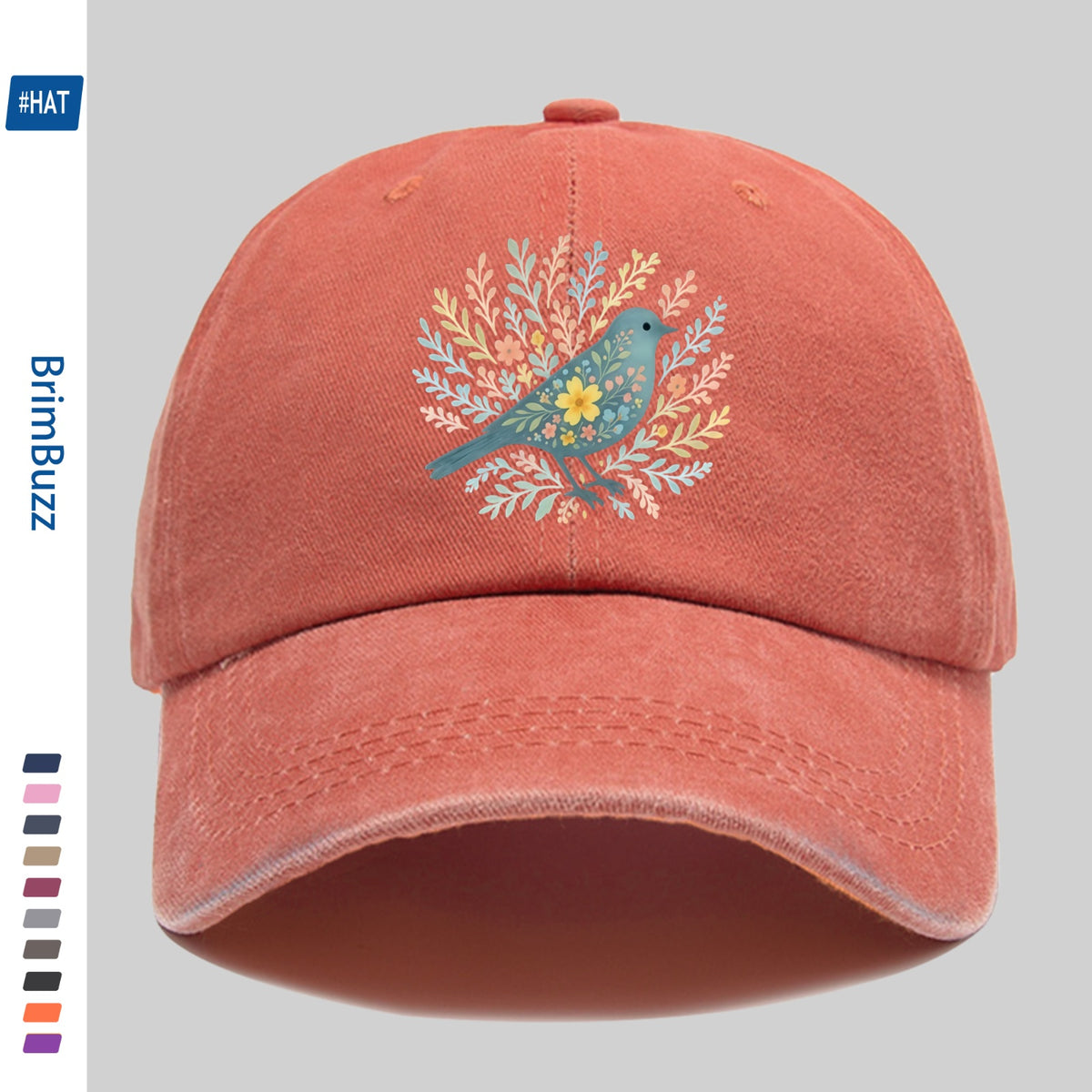 A Baseball Cap Featuring a Print of Birds Surrounded by Flowers And Plants, a Vintage Design Sun Hat, a Comfortable And Lightweight Trucker Hat with Adjustable Straps, an American Street Style Skateboard Cap