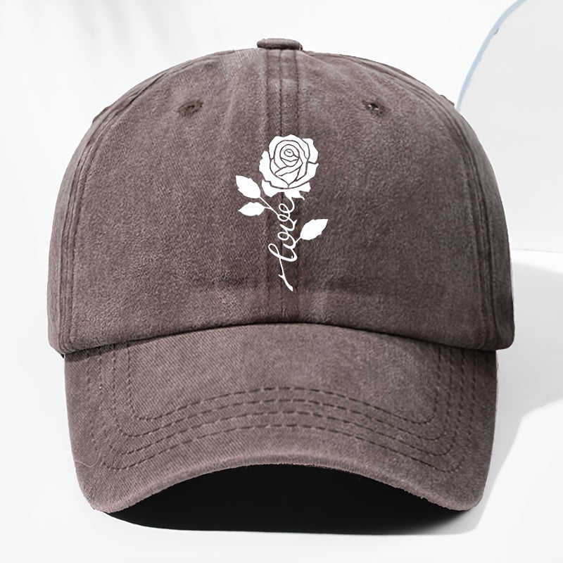 Unisex Rose Love Print Washed Vintage Baseball Cap Fashion Men Women Sunshade Outdoor Hat Adjustable Hat Trucker Cap Suitable for All Seasons Daily Wear
