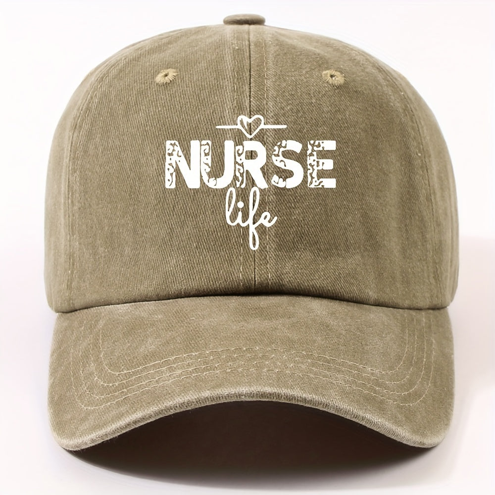1 Fashion Nurse Letter Washed Baseball Cap Unisex Adjustable Brim Sun Hat Shopping Cycling Skateboarding Trendy Baseball Cap,  Casual Wear, Sporty Style, Geometric Pattern, Metal Buckle Closure, Durable Material, Unisex Headwear, Men And Women