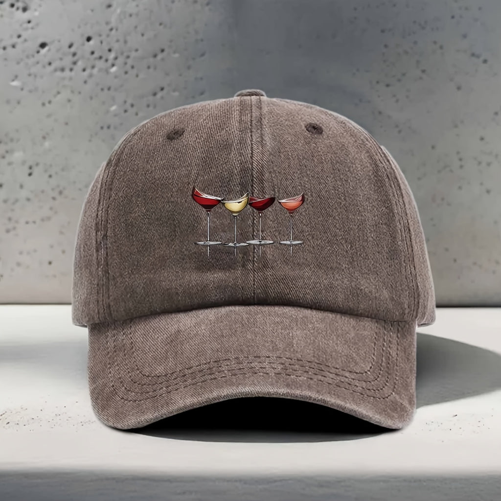 Men's & Women's Adjustable Snapback Baseball Cap with Wine-Themed Print - Washed Curved Brim Hat Suitable for Wine Tasting, Parties, Travel - Lightweight Textured Unisex Cap for Outdoor, Daily Wear, Wine Culture Enthusiasts