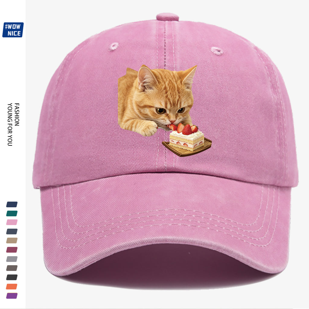 1pc Orange Cat Eating Strawberry Cake Fun Printed Baseball Cap, Cute And Playful Design Unisex Adjustable Size Casual Hat for Shopping, Dating, Coffee Shop Gatherings, Park Walks, Best Friend Outings, Weekend Fun, Party Activities, Trendy Accessory