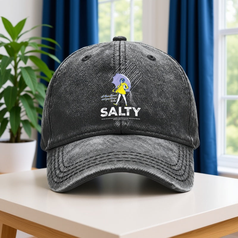 1pc Retro Distressed Unisex Baseball Hats, Salty Girl Featuring an Umbrella And Raindrop Graphic, Adjustable Fit, Ideal for Outdoor Events And Everyday Use, Perfect Gifts for Both Men And Women, Friends