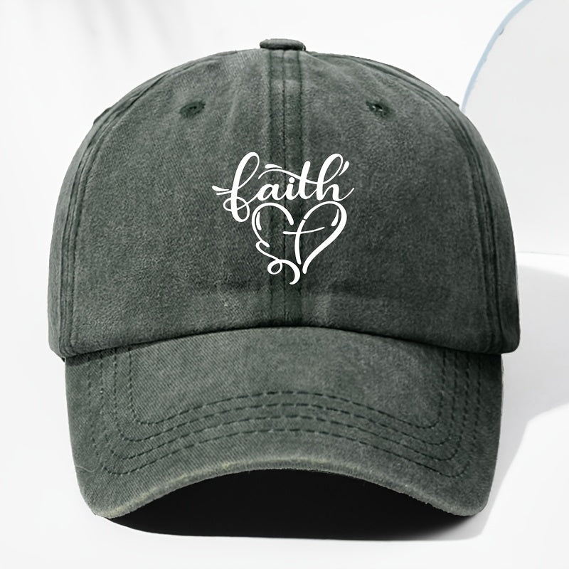 Vintage Washed Baseball Cap with Faith And Heart Design - Adjustable, Lightweight Sun Hat, All-Season Wear, Perfect for Outdoor Activities, Baseball Cap