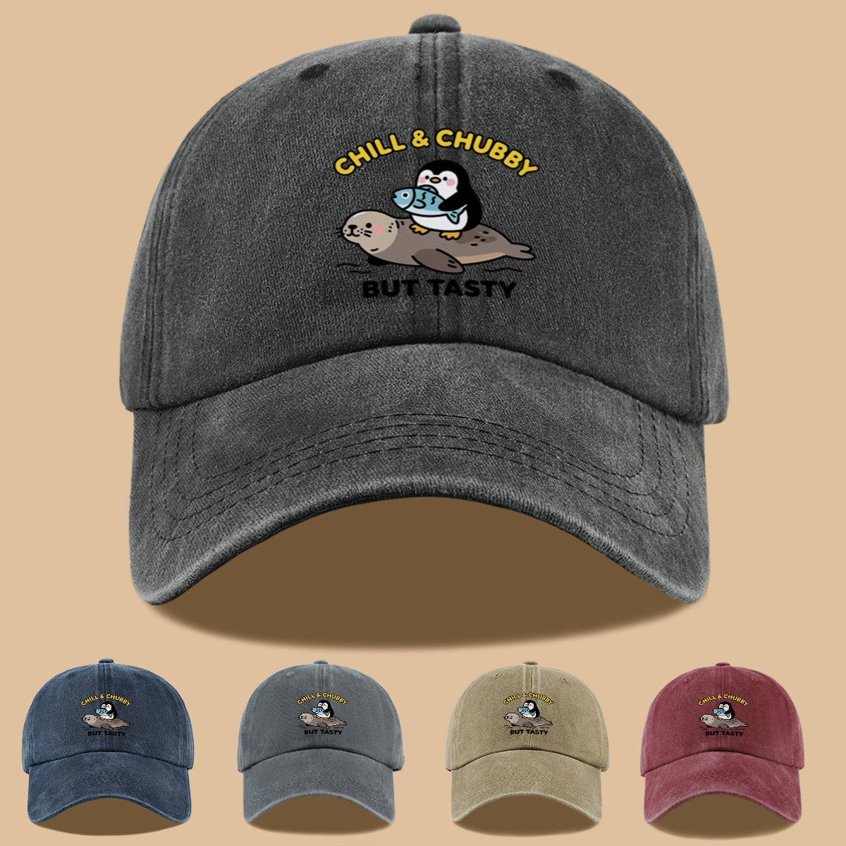 1pc 1pcs "CHILL & CHUBBY BUT TASTY" Penguin Hugging Fish on Seal Print Baseball Cap - Cute Duckbill Cap Suitable for Daily Outfits, Beach Vacations, Student Style, Adjustable Unisex Hat for &, Creative, Park Picnics