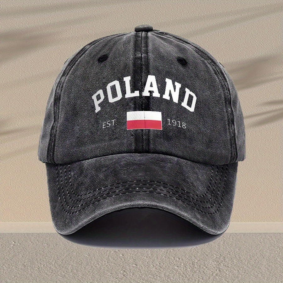 Unisex Vintage Washed Baseball Cap - Adjustable Breathable Trucker Hat with "Poland" Lettering Distressed Style, Lightweight Casual Dad Hat for Outdoor Activities, Black, Non-Stretch Fabric