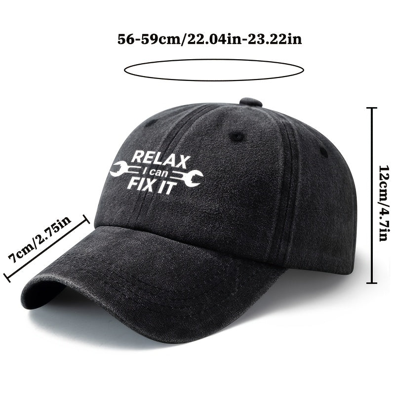 A Unisex Fashionable and Versatile Printed RELAX FIX IT Baseball Cap, Featuring a Classic Vintage Washed Lightweight Curved Brim. This Trucker Baseball Cap Is Suitable for Casual Occasions Such as Outdoor Vacations, Travel, and Camping. It Also Works