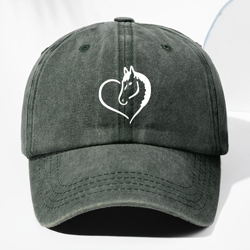 Unisex Heart Horse Head Print Washed Vintage Baseball Cap Fashion Men Women Sun Hat Adjustable Size Trucker Cap Suitable for All Seasons Daily Wear