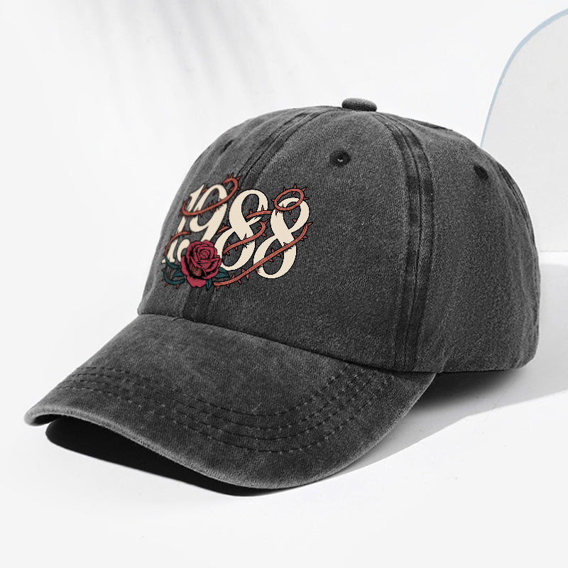 Unisex Thorn Flower 1988 Print Washed Vintage Baseball Cap, Fashionable Sun Outdoor Hat for Men and Women, Adjustable Trucker Hat Suitable for All Seasons and Daily Wear