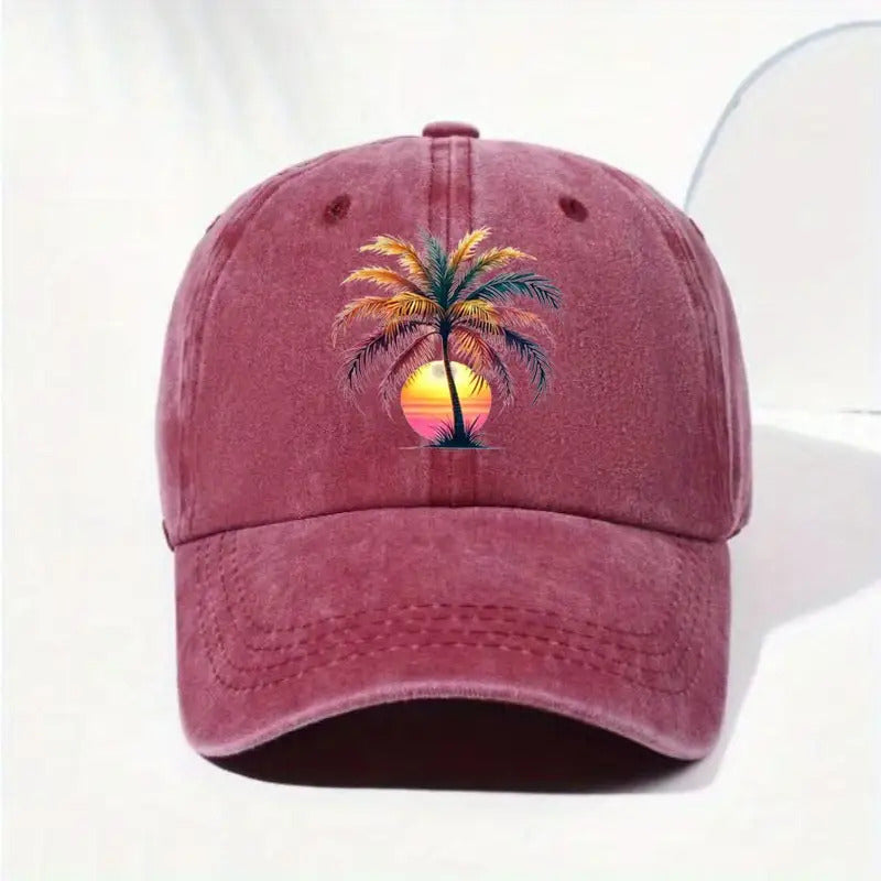 Men'S Cap Featuring a Sunset Palm Tree Design, Perfect for Casual Wear And Outdoor Activities at The Beach. This Stylish Baseball Hat Is Adjustable And Comes in Various Styles