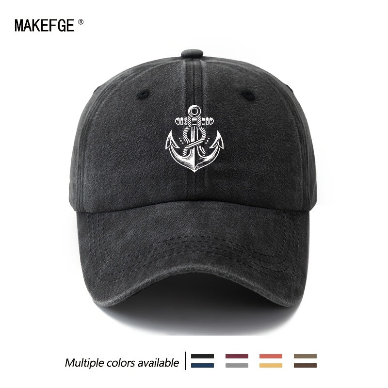 Unisex, Fashionable And Versatile Printed White Anchor Baseball Cap, Classic Retro Washed Outdoor Lightweight Curved Brim Cap, Trucker Baseball Cap, Suitable for Outdoor Vacations, Travel, Camping, And Other Casual Occasions, Hip-Hop Style Cap