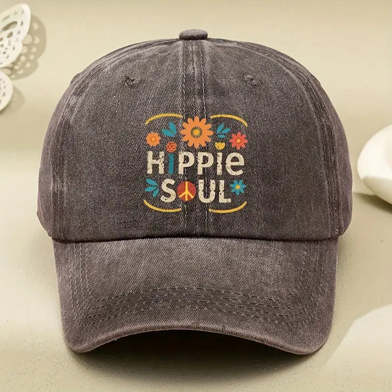 Retro Hippie Soul Baseball Cap - 60S/70S Style with Floral And Peace Symbols (Sunflowers, Peace Sign) - Deep Navy Blue Adjustable Snapback Hat with Colorful Accents - Lightweight Washed Effect, Suitable for Both Men And Women - Machine Washable