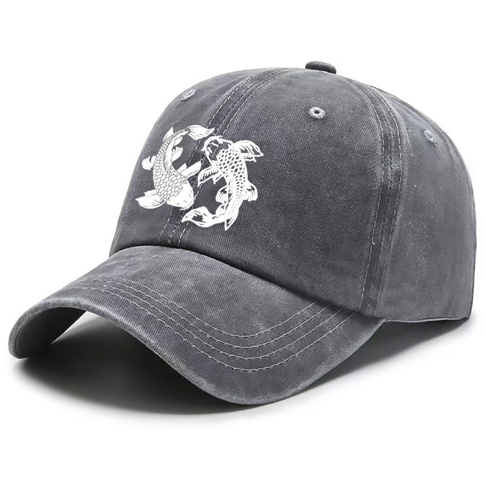 A Water-Washed Baseball Cap Featuring a Yin-Yang Fish Print - an Adjustable Unisex Hat with Traditional Chinese Koi Fish Symbols, Lightweight And Breathable for Outdoor Sun Protection, a Korean Cultural Accessory