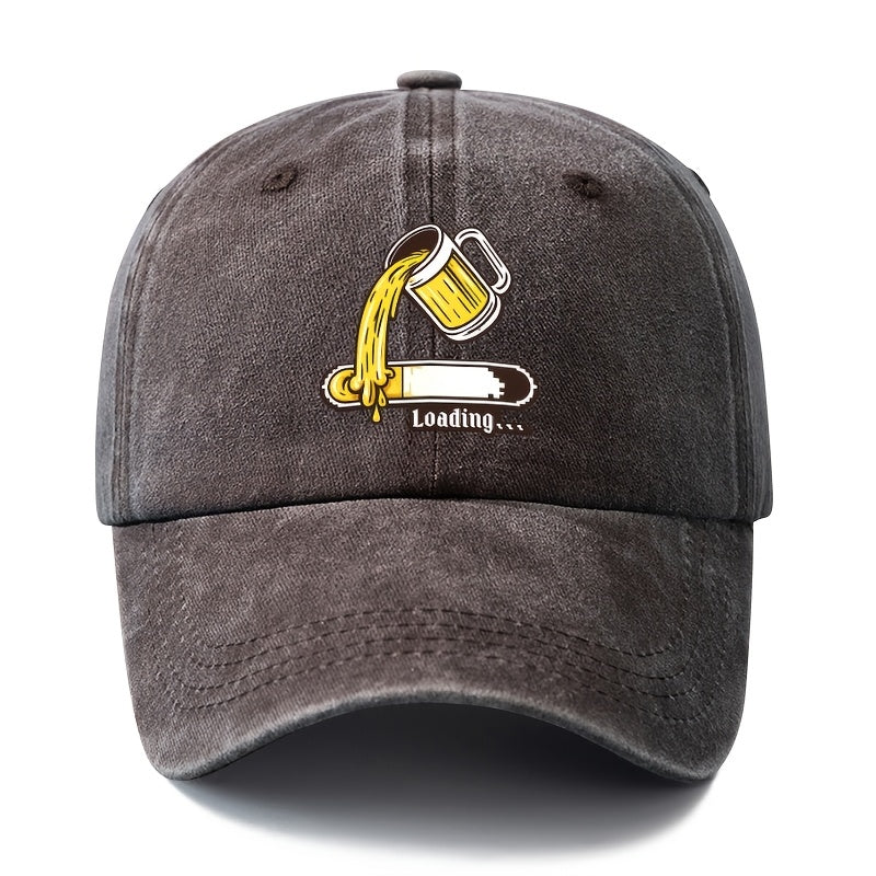 A Unisex Fashionable and Versatile Printed Beer Progress Bar Baseball Cap, Featuring a Classic Vintage Washed Lightweight Curved Brim. Suitable for Outdoor Vacations, Travel, Camping, and Other Casual Occasions. Also Ideal as a Hip-hop Hat