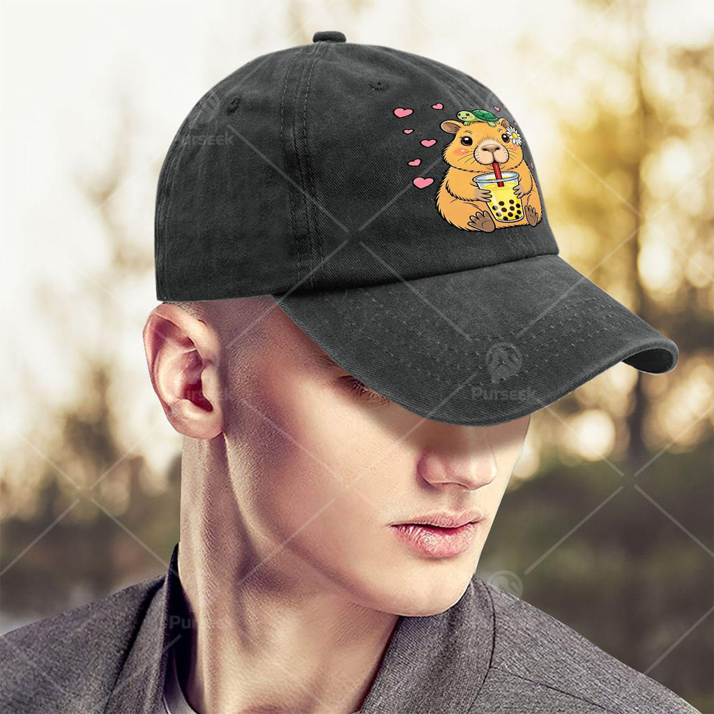 Cute Capybara Turtle Boba Tea Kawaii Anime Y2K Capibara Baseball Hat Unisex Low