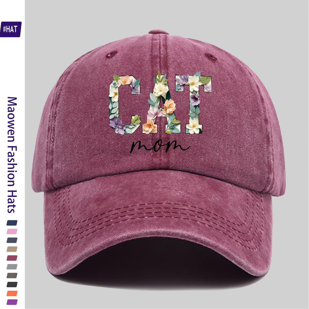 1 Washed Baseball Cap, Featuring a Floral Cat Mom Theme Iron-on Transfer Print Design, Vintage-style Distressed Baseball Cap for Autumn, Unisex Lightweight Outdoor Cap, Suitable for All-season Travel and Leisure, Adjustable Size Trucker Dad Hat, Idea