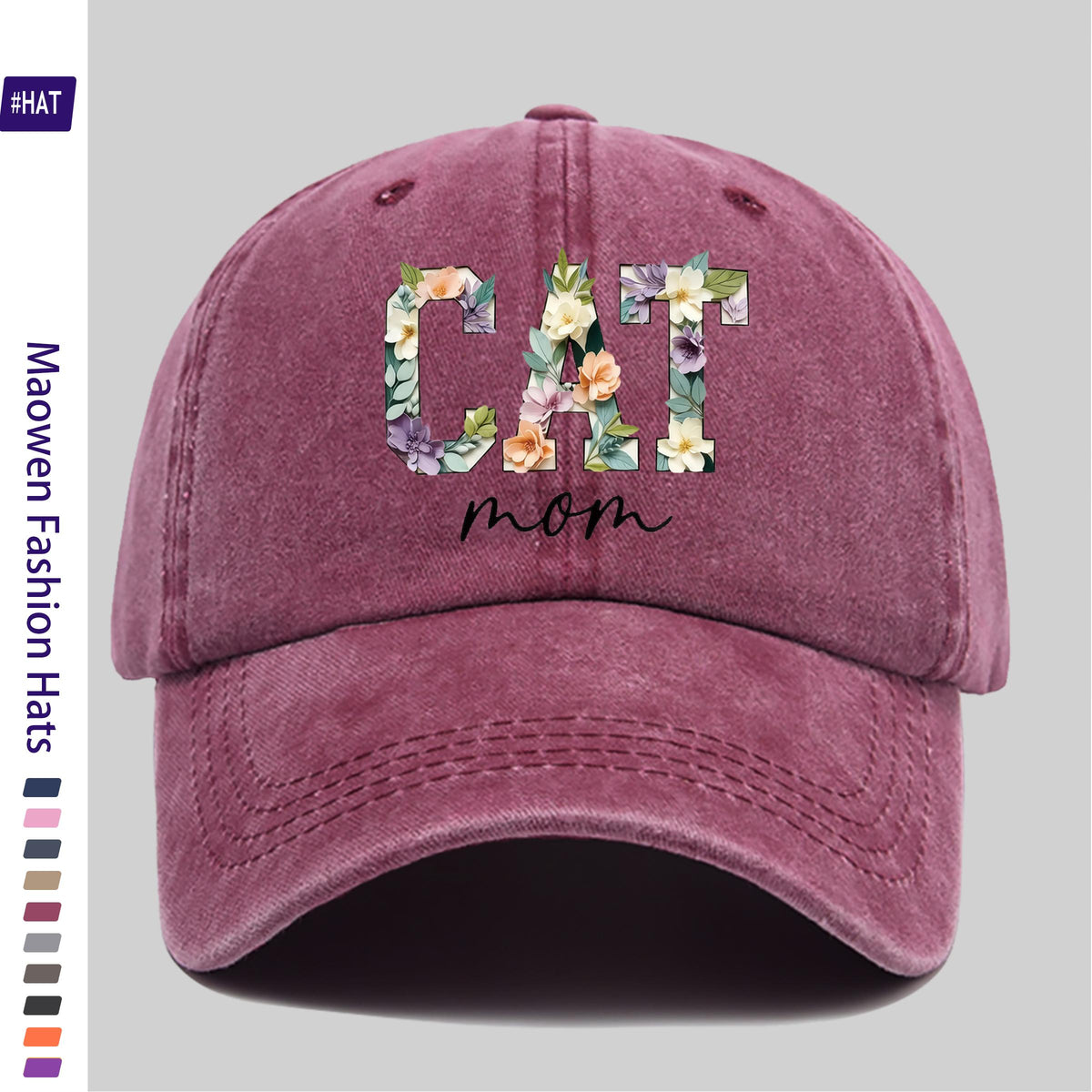 1 Washed Baseball Cap, Featuring a Floral Cat Mom Theme Iron-on Transfer Print Design, Vintage-style Distressed Baseball Cap for Autumn, Unisex Lightweight Outdoor Cap, Suitable for All-season Travel and Leisure, Adjustable Size Trucker Dad Hat, Idea
