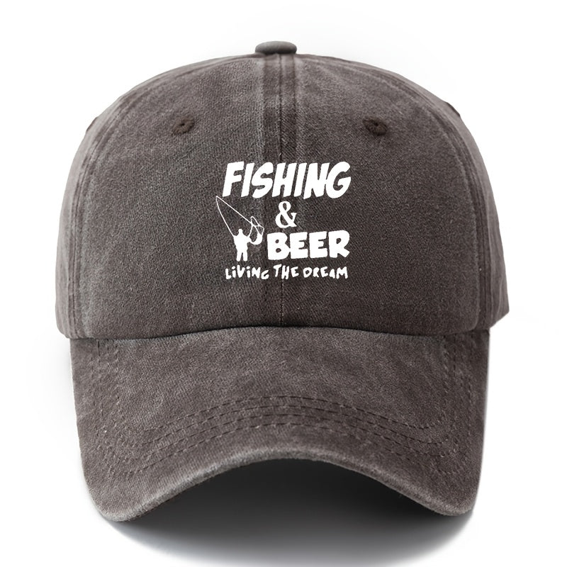 A Unisex Fashionable and Versatile Printed "FISHING&BEER" Baseball Cap, Featuring a Classic Vintage Washed Outdoor Lightweight Curved Brim Design. Suitable for Outdoor Vacations, Travel, Camping, and Other Casual Occasions. Ideal for Holiday Parties