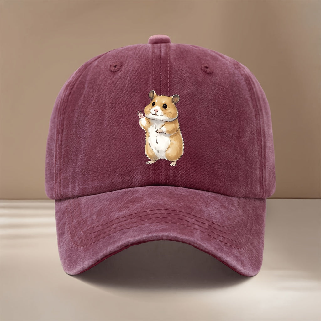 This Is a Baseball Cap with a Waving Hamster Print. It Features a Relaxed Fit, Adjustable Sizing, and a Simple, Trendy Curved Brim. Suitable for Both Men and Women, It Is a Versatile Six-panel Hat Perfect for Outdoor Sports, Dinners
