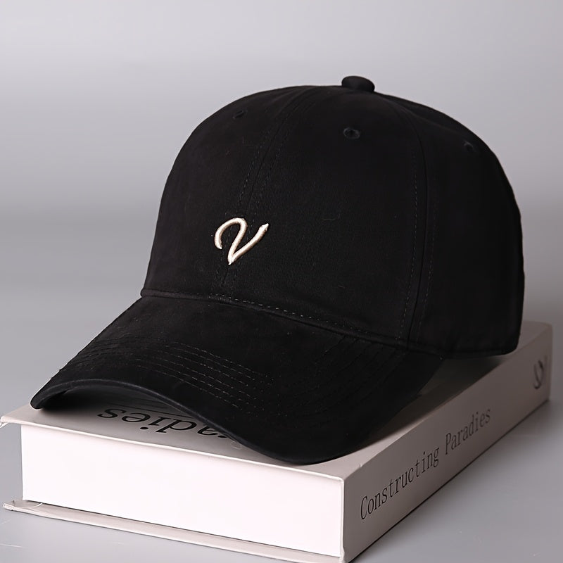 1pc MAO GLOBAL Women's Baseball Cap- Brown with Elegant 'V' Badge, Adjustable Snap Closure, Large Non-Elastic Style, Suitable for All Seasons, Daily and Formal Occasions, Unisex Couple Style, Urban Fashion Accessory, Structured Top Design