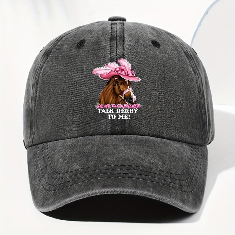 Unisex Adjustable Baseball Cap, Pink Horse Pattern with "Talk Derby to Me!" Print - Lightweight 100%, Machine Washable Vintage Design, Ideal for Casual Outdoor And Daily Wear