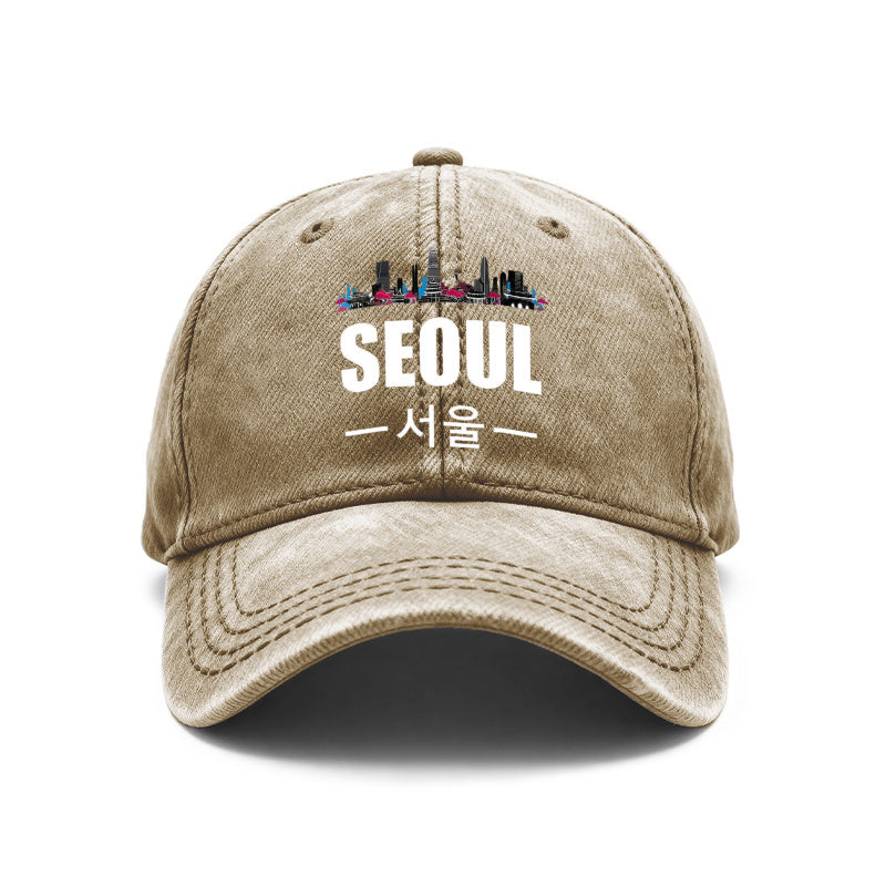 1pc Vintage Washed Unisex Baseball Caps, Seoul Skyline, Modern Cityscape Design Print Pattern, Adjustable, Suitable for Outdoor Activities and Casual Wear, Gifts for Men and Women, Friends.