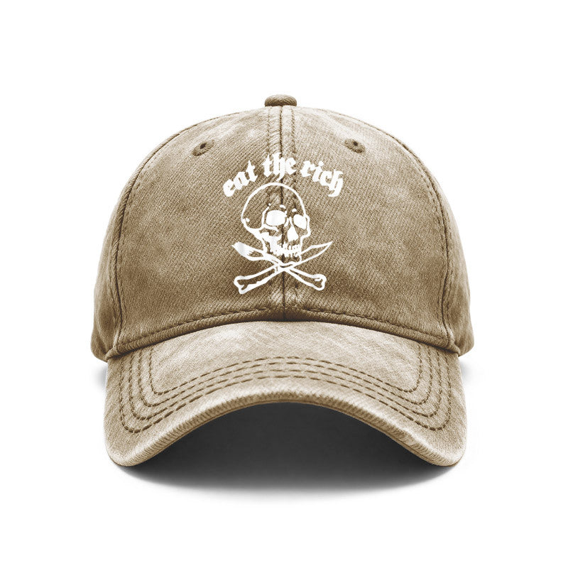 1pc Gothic Punk Baseball with Eat The Rich Skull Print - Adjustable Unisex Hat Suitable for Men & Women, Vintage Washed Design for Outdoor, Casual Wear, Gifts for Goth Subculture Fashion, Iconic Gothic Style