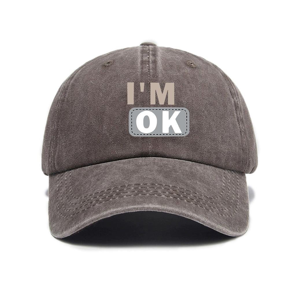 1 Washed Distressed Printed Baseball Cap for Adults, Simple "I'M OK" Letter Print, Washed Distressed Soft Top Sun Baseball Cap, Unisex Baseball Cap