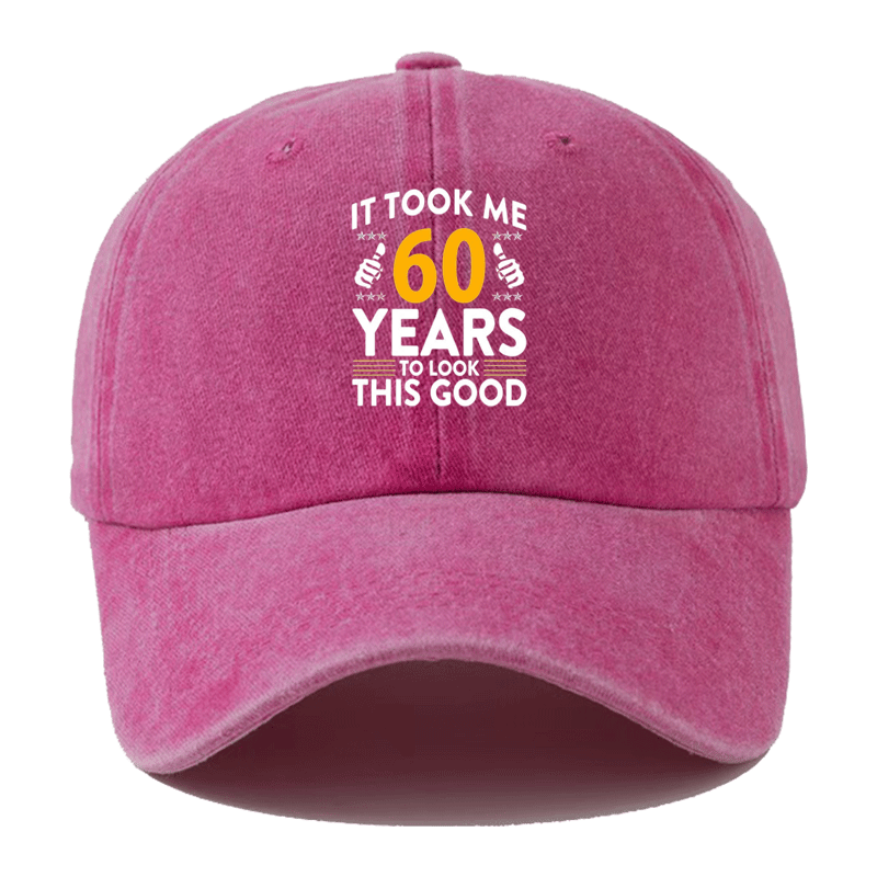 Vintage Distressed Baseball Cap Compatible for Golf & Outdoor - 'It Takes Me 60 Years to Look This Good' Print, Adjustable Unisex Hat with Breathable Black Fabric & Yellow/White Lettering, Funny Aged Look for Seniors & Casual Wearers