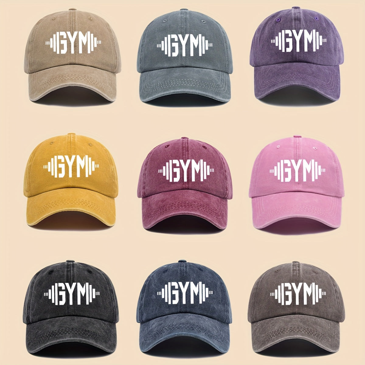 1 GymFlex Pro Breathable Baseball Cap with GYM Print and Dumbbell Design - Washed Fitness Cap, Suitable for Men, Women, and Teens - Ideal Accessory for Gym, Outdoor Activities, Camping, Cycling, and Skateboarding - Vibrant Lifestyle Hat