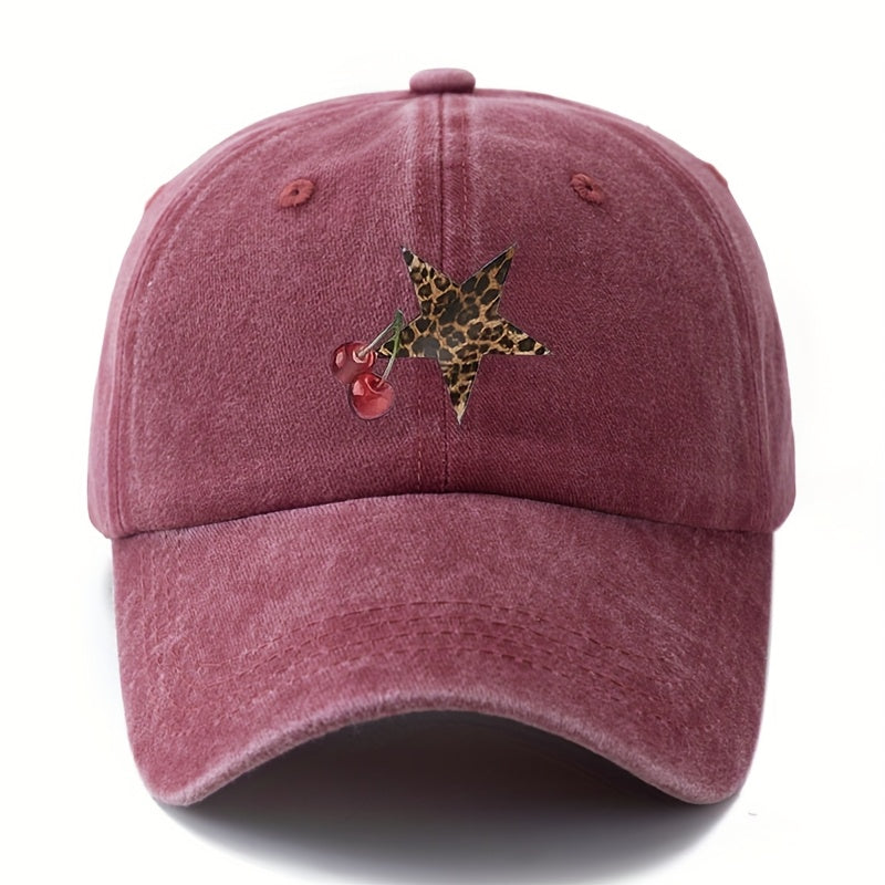 Unisex Fashion Versatile Printed Cherry Leopard Print Five-Pointed Star Baseball Cap, Classic Retro Washed Outdoor Lightweight Curved Brim Cap, Trucker Baseball Cap, Suitable for Outdoor Vacations, Travel, Camping, And Other Leisure Occasions