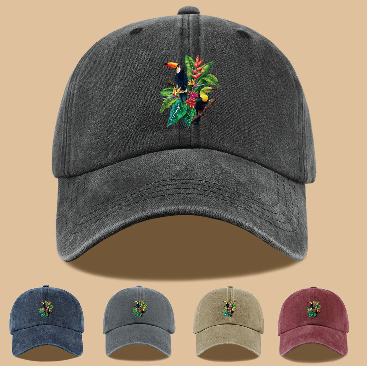 1pc Tropical Rainforest Theme Toucan Print Baseball Cap, Tropical Plant Floral Pattern Sun Hat, Fashionable And Individual Aesthetic Unisex Baseball Cap, Adjustable Size Outdoor Casual Sun Hat, Suitable for Vacation, Travel, Camping, Picnic