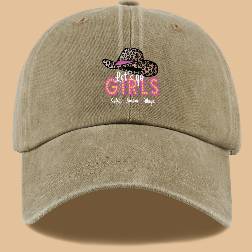 1pc Leopard Print Wide Brim Baseball Cap, Pink Brim with "Let'S Go GIRLS" Neon Style Letters, Adorned with Sofia, Aurora, Maya Names. Fashionable And Individual Sun Hat, Adjustable Size. Bestie Outing Hat, Sister Gathering Hat