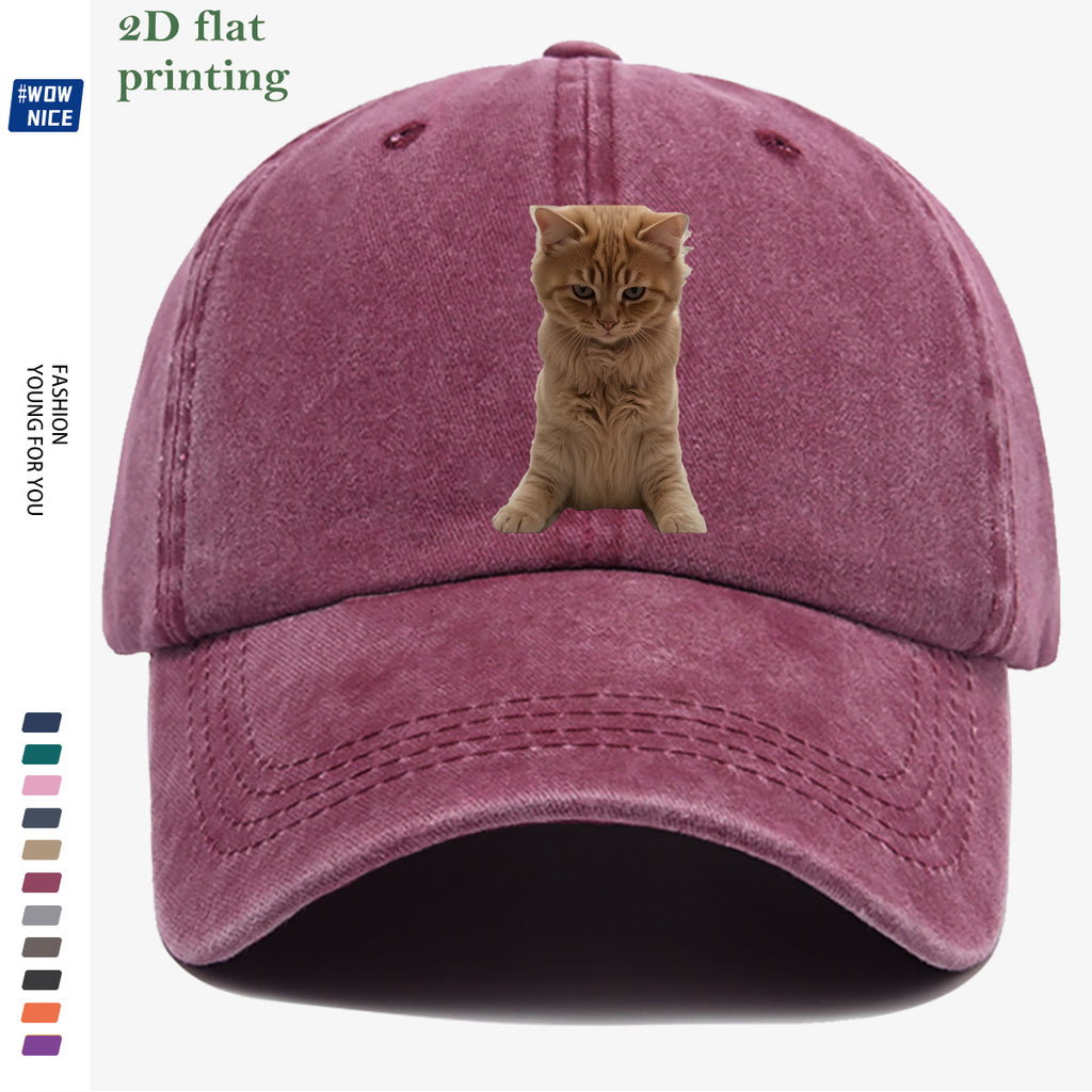 1pc Orange Tabby Cat Squatting Front Print Baseball Cap, with Round Eyes Slightly Squinted, Giving Off a "I'm Noble" Meme Vibe. A Must-have for Daily Outings, Café Visits, and Citywalks to Create a Stylish Look. The Cap Shape Helps Flatter and Slim