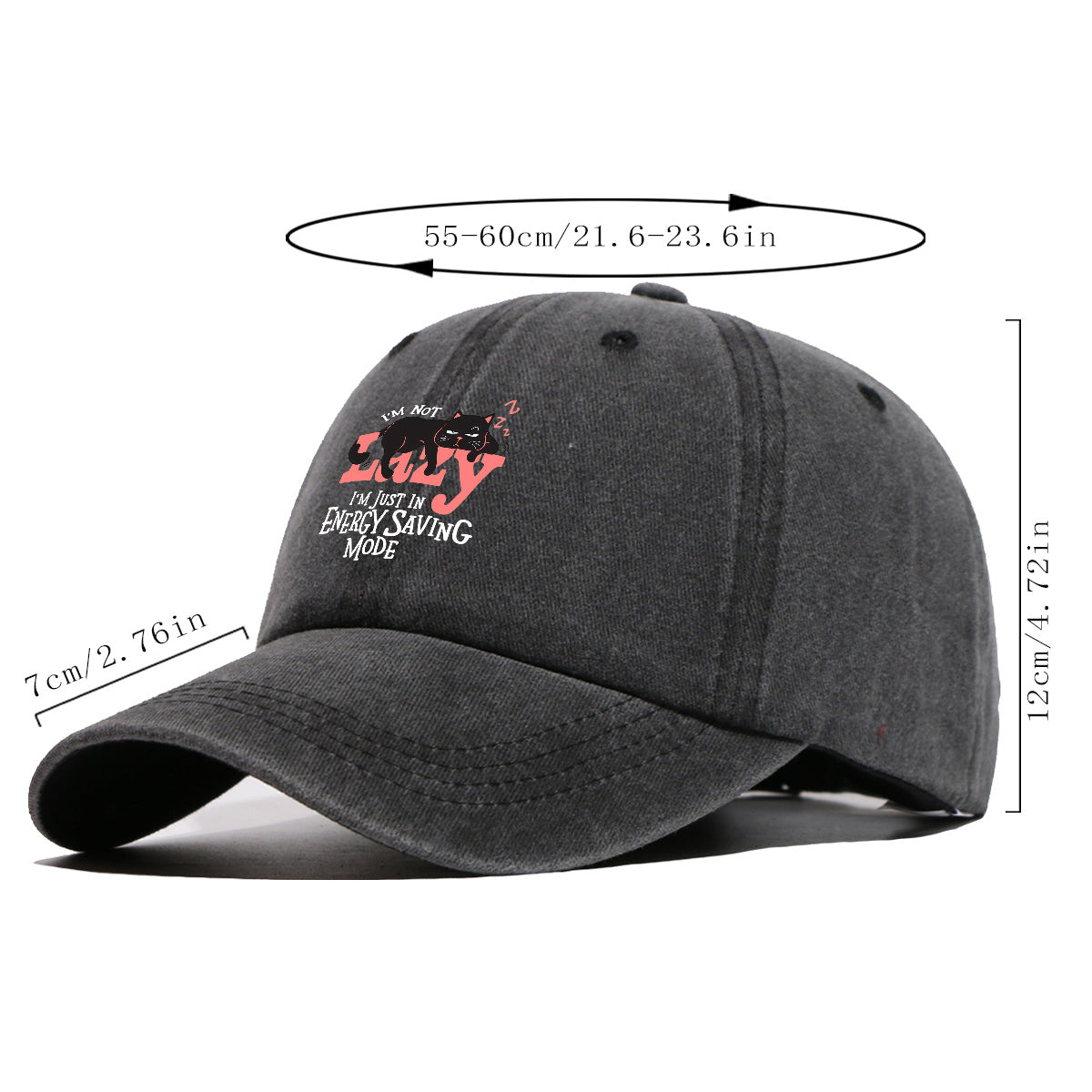 1pc "LAZY" Letter Print Baseball Cap with Lazy Black Cat Print, Fashionable Casual Duckbill Cap, Unisex Adjustable Street Style Sun Hat, for Daily Outings, Café Lounging, Weekend Lounging, Friend Gatherings, Daily Wear, Shopping, Park Strolls