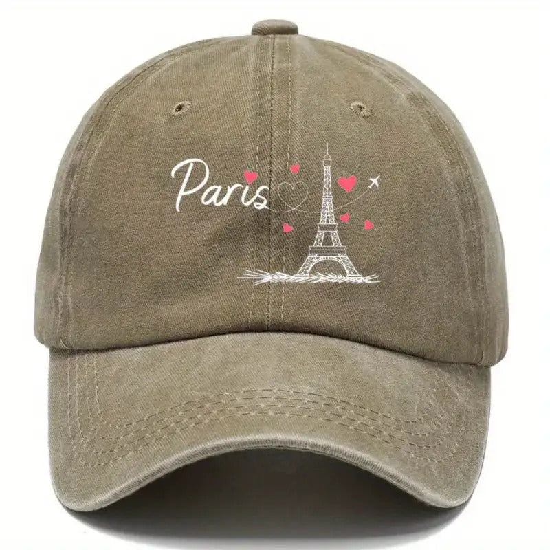 Vintage Baseball Cap Featuring The Eiffel Tower And Heart Design, Adjustable And Made from Breathable Fabric, Perfect for Outdoor Activities And Casual Travel. It Embodies a French Romantic Style, Ensuring Comfort for Travel Lovers