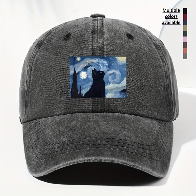 Unisex Cat Animal Print Washed Vintage Baseball Cap, Fashionable Sun Outdoor Hat for Men and Women, Adjustable Fit Trucker Hat Suitable for All Seasons and Daily Wear