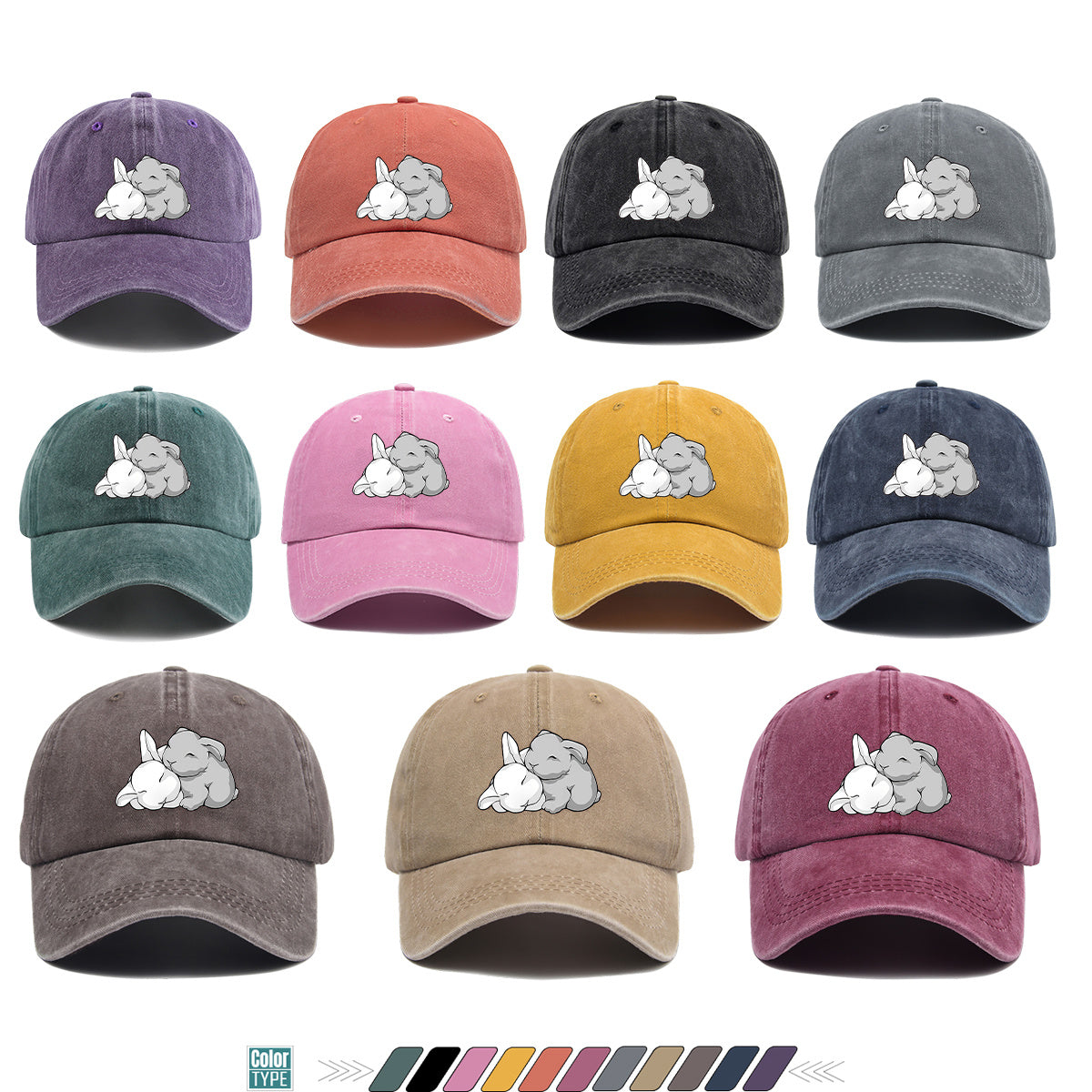 1pc Cuddling Cartoon Rabbits Print Baseball Cap, Soft and Adorable Animal Pattern Hat, Comfortable and Breathable Sun Hat, Stylish Simple  Hat, Unisex Adjustable Baseball Cap, Daily Casual Hat, Couple's Date Hat, Suitable for Daily Outings