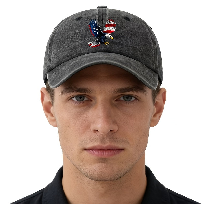 A Unisex Fashionable and Versatile Printed Baseball Cap Featuring a Spreading-winged Bald Eagle, a Classic Vintage Washed Outdoor Lightweight Curved-brim Hat, a Trucker Baseball Cap, Suitable for Casual Occasions Such as Outdoor Vacations