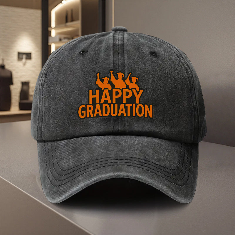 A Versatile Baseball Cap Featuring a 'Happy Graduation' Design, Made from Lightweight Polyester with Printed Craftsmanship. It'S Perfect for Outdoor Sports And Camping Enthusiasts, Trendy for Couples, Suitable As a Golf Cap, Trucker Hat